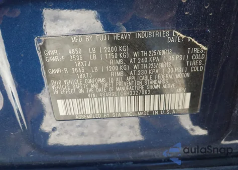 2017 Subaru Outback 3.6R Touring z USA, uszkodzony, nr VIN 4S4BSETC6H3327062